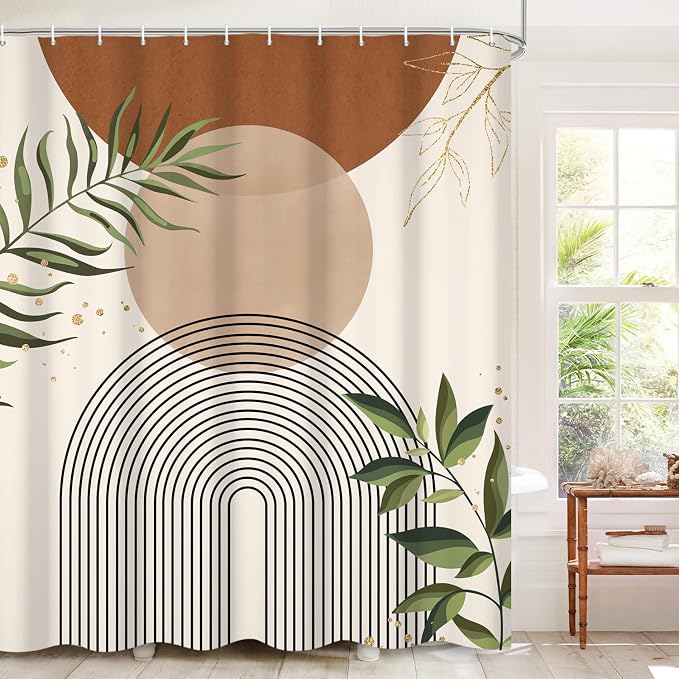 Boho Mid Century Shower Curtain, Brown Modern Minimalist Abstract Geometric Green Gold Plant Leaves Sun Arch Bathroom Curtains Waterproof Fabric Buthtub Curtain Set with Hooks 66" Wx72 L
