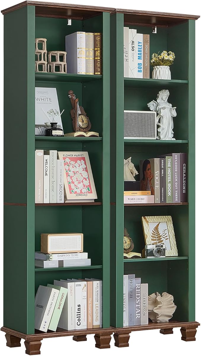 SAVOR LIFE 70" Tall Narrow Book Shelf, Wood Skinny Bookshelf with Adjustable Shelves & Wooden Legs, Farmhouse Bookcase w/5-Tier Storage, Free Standing Bookshlves for Office, Living Room, Green, 2PCS