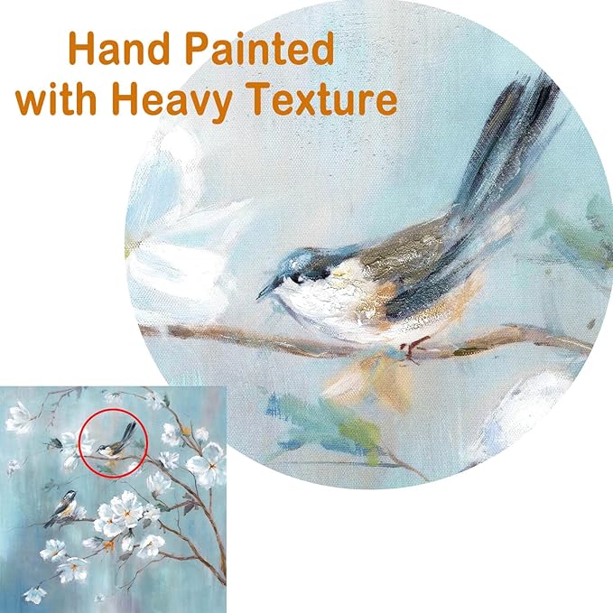 UTOP-art White Flower Canvas Wall Art: Elegant Tree and Birds Artwork Floral Painting for Bedroom (28'' x 28'' x 1 Panel)