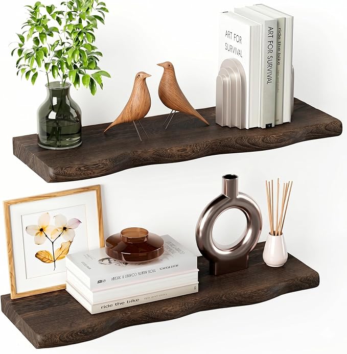 Solid Wood Live Edge Floating Shelves Set of 2 – 24" Rustic Wall Shelf with Hidden Bracket System, Wall Mounted Shelves for Bathroom, Kitchen, Living Room, Bedroom (Charcoal Brown)