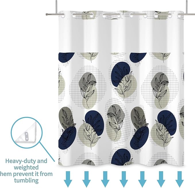No Hook Shower Curtain with Snap in Liner Boho Shower Curtain for Bathroom Waterproof Fabric Creative Gray and Blue Plant Botanical Bath Decor Machine Washable 71x74 Inch