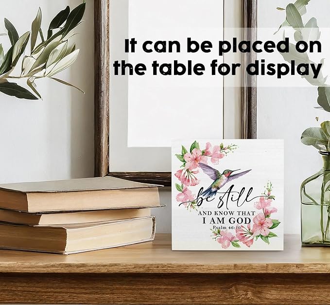 Be Still and Know That I Am God Sign - Inspirational Christian Hummingbird Office Bathroom Home Kitchen Desk Shelf Decor,Christian Scripture Hummingbird Wooden Box Signs,God Decor for Home