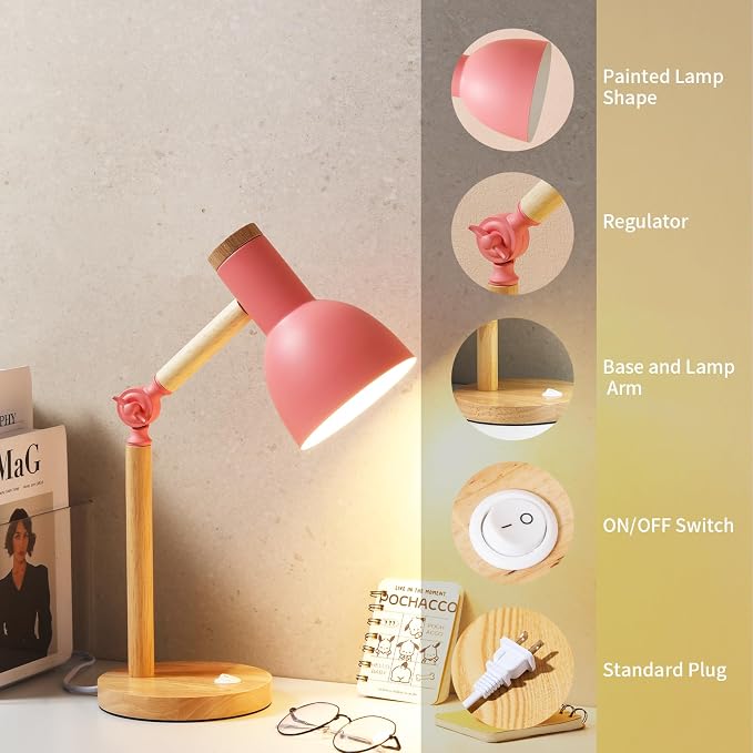 Desk Lamp,Wooden Adjustable Tri-Color Table & Bedside Lamp for Office, Living Room, Bedroom & Kids Room (Pink)