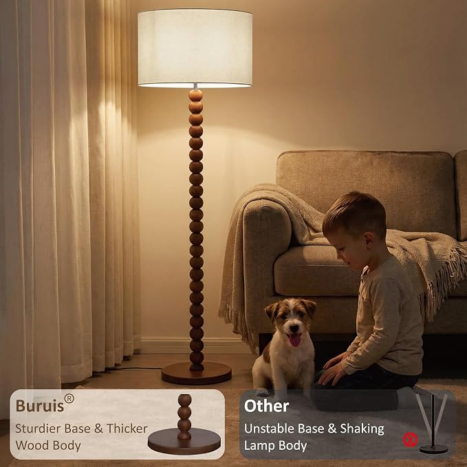 Buruis 61" Beaded Wood Floor Lamp with 17.2" Large Linen Shade, Retro Mid-Century Accent Walnut Finish Standing Lamp for Living Room, Bedroom, Office, Corner, UL Listed, Bulb Not Included, Cream