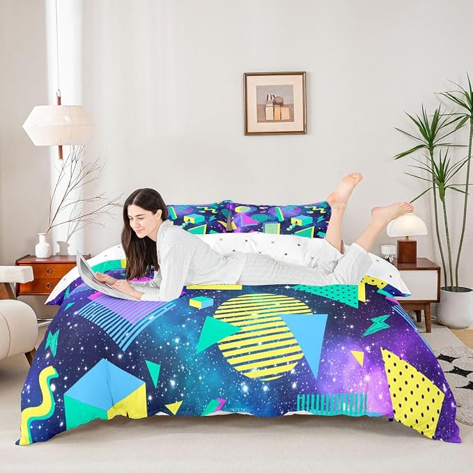 Universe Stars Comforter Cover Cosmic Outer Space Bedding Set for Teens Mens Boys Retro 80s 90s Memphis Duvet Cover Circular Triangle Geometric Quilt Cover Urban Art Bedroom Decor King Size