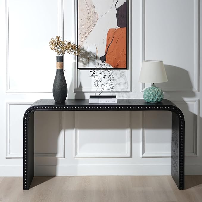 Wood Console Table, 59" Retro Long Sofa Table Behind Couch with Real Wood Beads Decor, Wooden Narrow Sofa Table Hall Table for Living Room Foyer Entrance Entryway, Black