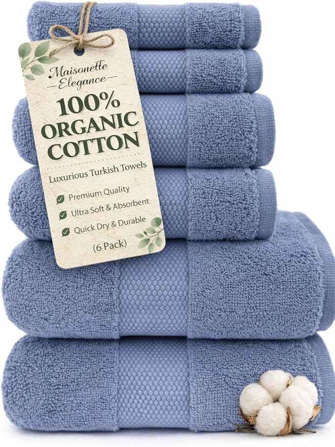 Maisonette Elegance 100% Organic Cotton Turkish Bathroom Towels Set, Ideal Quick Dry Luxury Washcloths, Hand & Large Luxury Bath Towels for Shower (6 Pack), Dark Blue (Mineral)