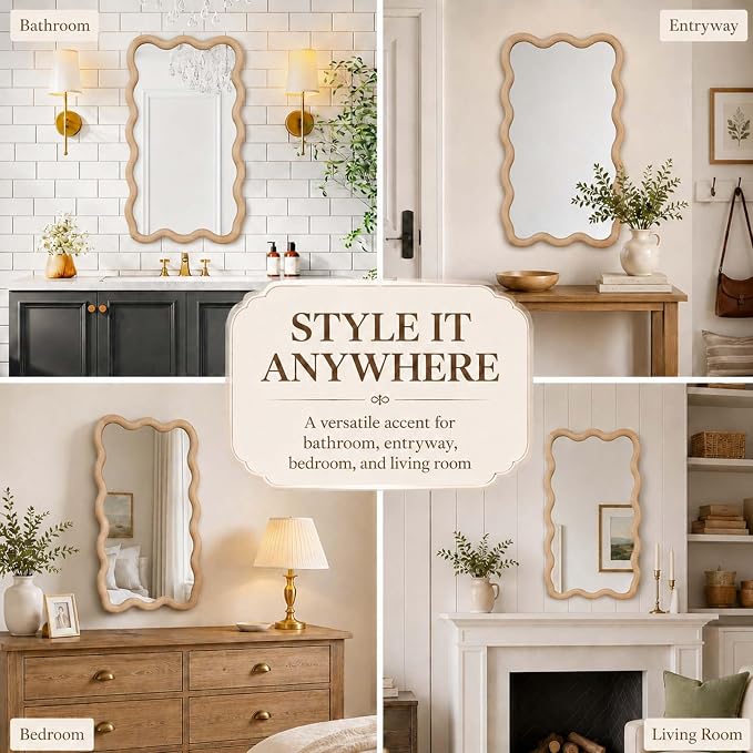 Majnesvon 20x30 Inch Asymmetrical Wall Mirror Wood,Rustic Irregular Shaped Vanity Mirror for Bathroom,Bedroom, Living Room, Entryway, Fireplace,Wall Decor,Solid Wooden Frame (Oak - 1, 20"x30" Inch)