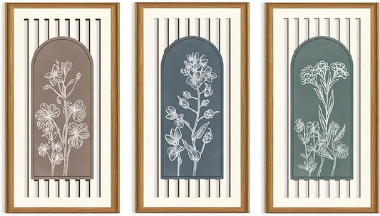 Celestdeco 3 Pcs Boho Flower Market Wall Decor Floral Botanical Modern Wood Wall Art Bohemian Floral Hanging Decor Abstract Minimalist Wooden Art for Living Room Bedroom Office 7.9 x15.8 Inch