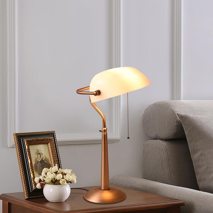 COSYLUX Tall Bankers Lamp, Vintage Sleek Glass Shade Table Lamp with Pull Switch, Antique Bronze Metal Bankers Desk Lamp for Office, Study Room, End Table, Bedside (White)