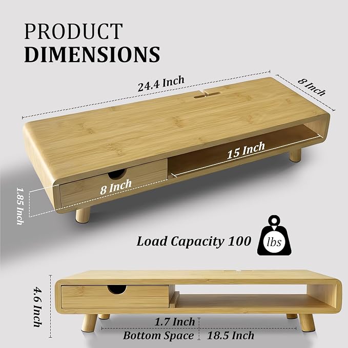 Homerays Monitor Stand with Drawer, Exquisite Computer Monitor Stand for Desk, Ergonomic Wood Monitor Stand Riser for Computer,Laptop,Printer,TV,Upgrade Bamboo