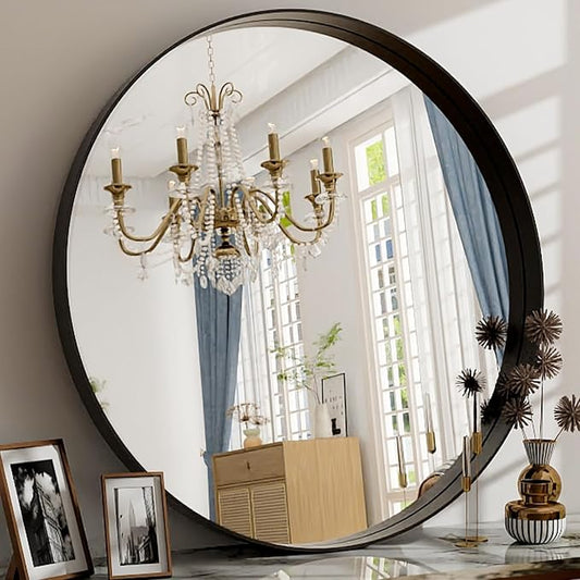 32 Inch Round Bathroom Mirror - Wall Mounted Circle Mirror with Metal Frame, Modern Home Suitable for Bathroom, Vanity, Entryway, Living Room, Wall Decor,Black