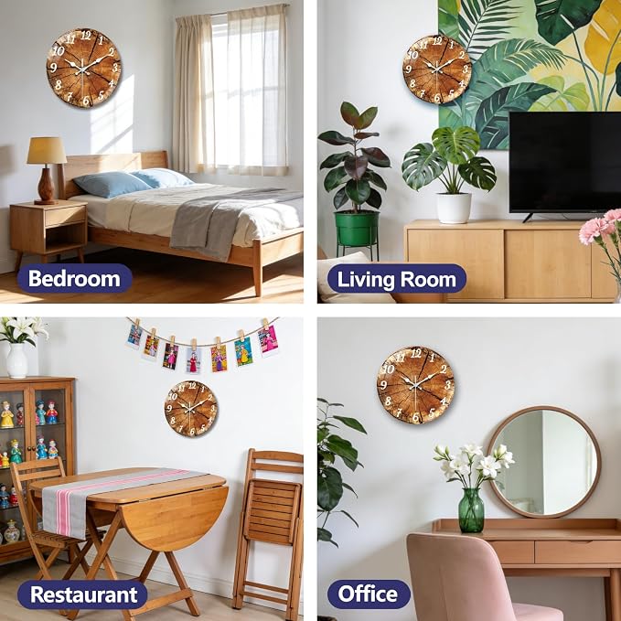 peacoblue Wall Clocks Battery Operated 12 Inch Wood Tree Stump Glass Round Wall Clock Non Ticking for Kitchen Living Room Dining Room Bedroom and Bathroom Decor Accessories (Battery not Included)