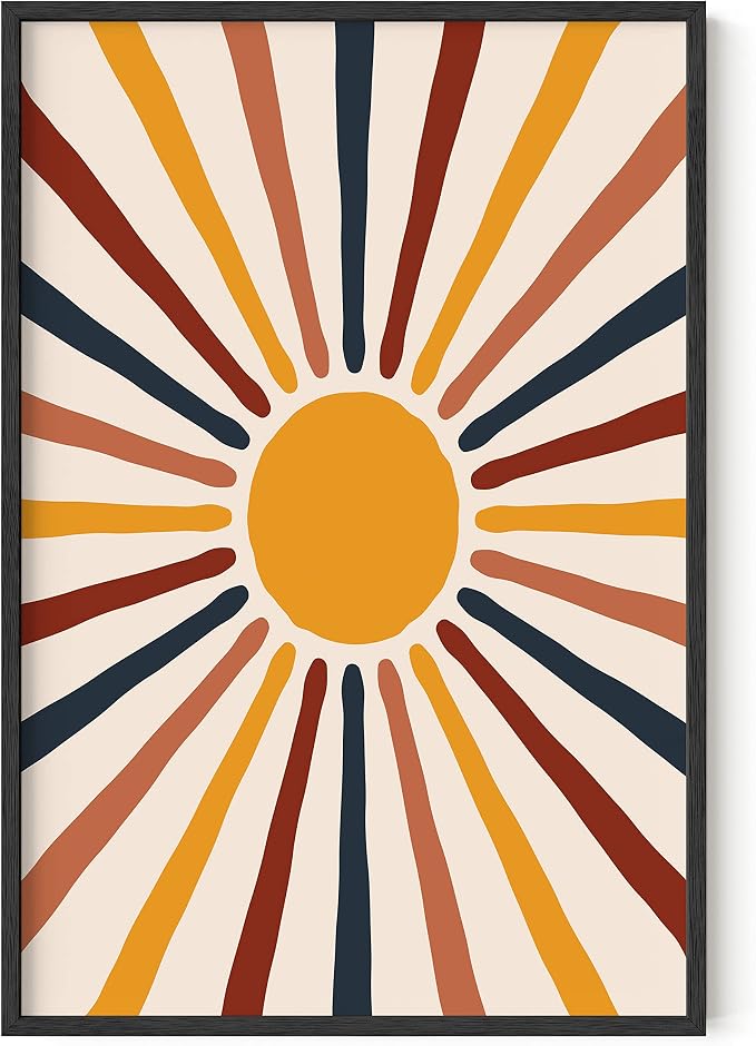 HAUS AND HUES Mid Century Modern Boho Poster - Sun Art Print, Boho Picture for Wall, Centered Yellow Sun Rainbow Rays (Framed Black 24x36)