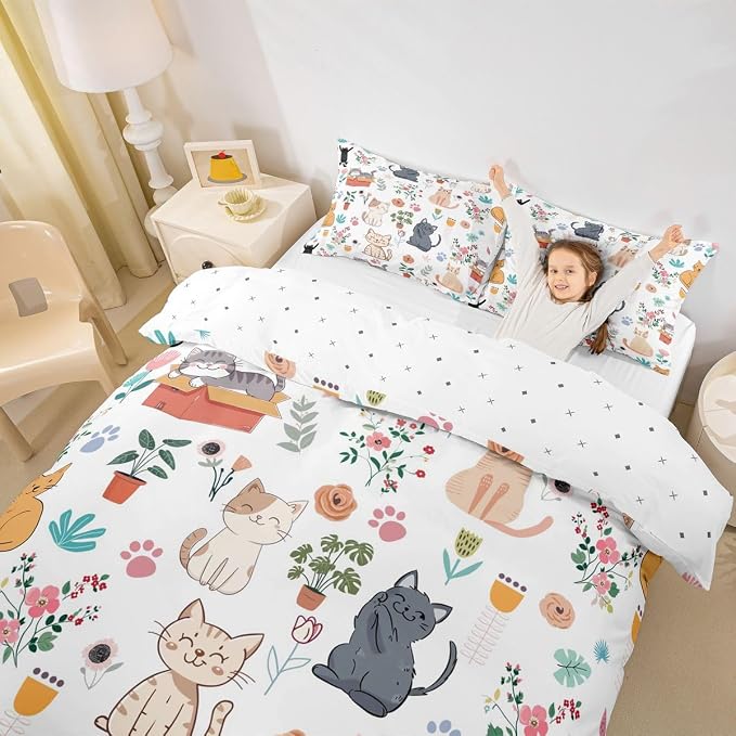 Erosebridal Cute Cat Duvet Cover Queen Floral Cats Lovers Bedding Set Lovely Kitten Pet Animals Comforter Cover for Kids Girls Boys Adults Botanical Aesthetic Bed Set