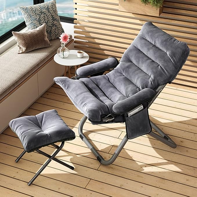 Lazy Chair with Ottoman, Lazy Sofa Back Chair,Foldable Modern Lounge Accent Chair with Armrests and a Side Pocket, Leisure Upholstered Sofa Chair Set, Reading Chair with Footrest for Small Space