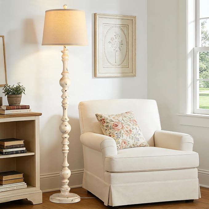 QiMH Vintage Floor Lamp for Living Room,61" Tall Rustic Standing Lamp with Linen Lampshade, Rotary Switch Farmhouse Floor lamp for Bedroom, Corner, Dining Room, Home Decor, Shabby White