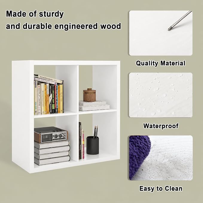 CTESNE【2026 Wooden Thick Frame 4 Cube Storage Organizer Shelf with Anti-Tipping Kits + Reversible Open Back Bookcase, Horizontal and Vertical Dual-use（White,11inch）