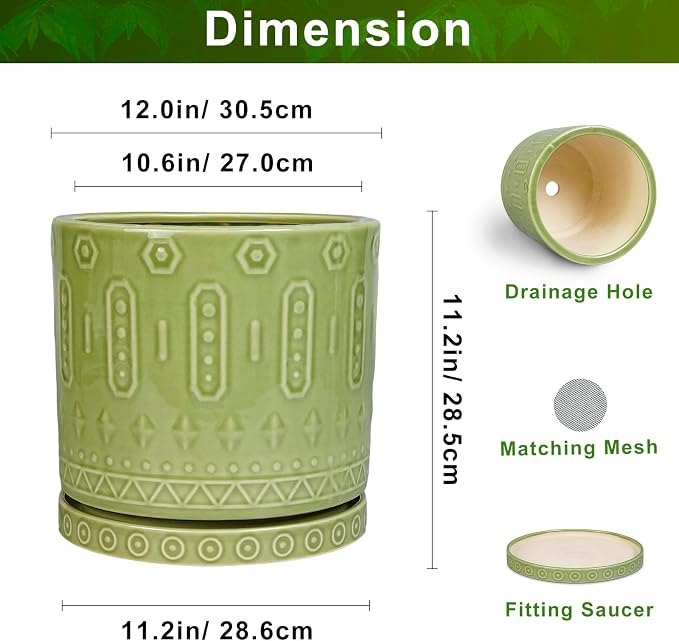 Eightpot Ceramic Planter - 12 Inch Pots for Plants Indoor Outdoor, Round Large Flower Pots with Drainage Hole and Saucer, Decorative Boho Planter, Home Office Decor, Plant Lover Gifts, Green