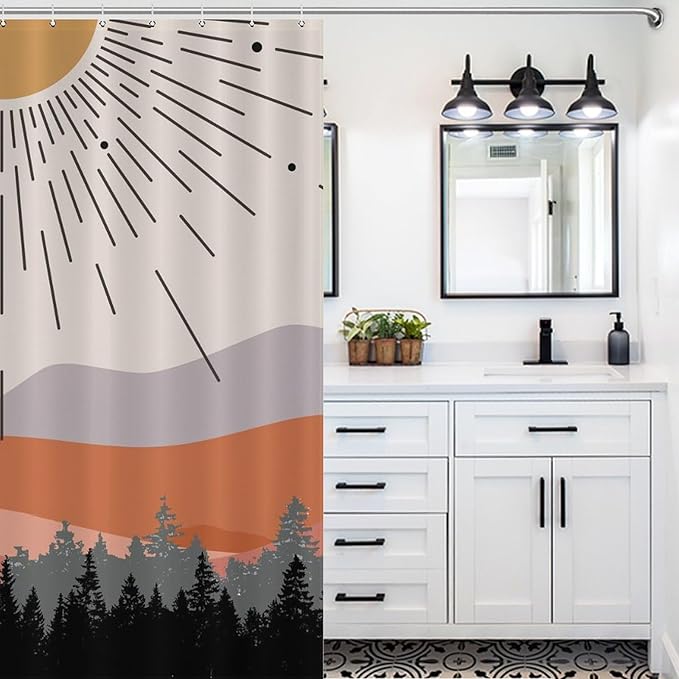 Mid Century Boho Shower Curtain,Abstract Sunset Geometric Mountain Forest Aesthetic Bathroom Curtain Polyester Waterproof Fabric Decor 72x72in（183x183cm）