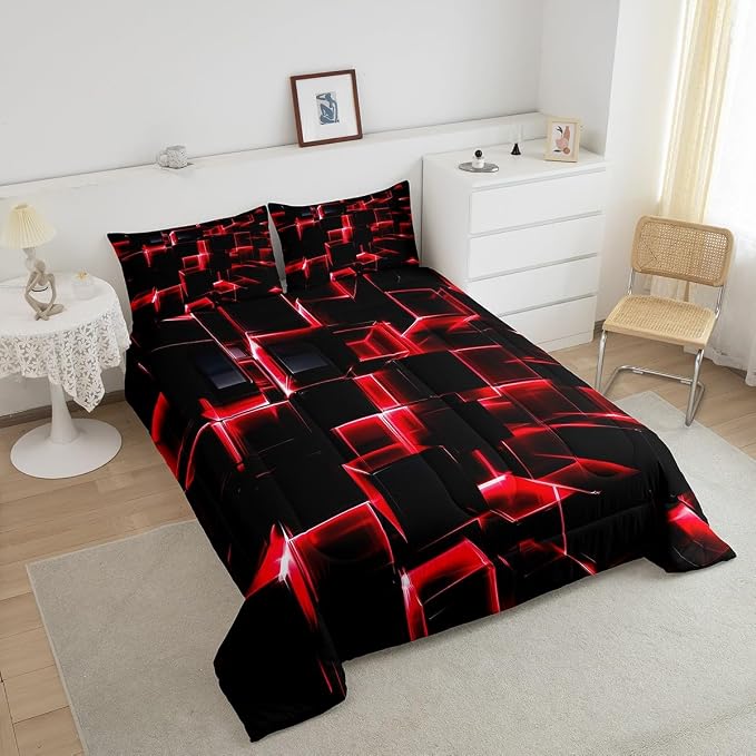 Erosebridal Red and Black Geometric Comforter Set Twin Size Modern 3D Stereoscopic Square Bedding Sets, Gradient Neon Honeycomb Duvet Set 2 Pieces Soft Microfiber Quilt for All Season