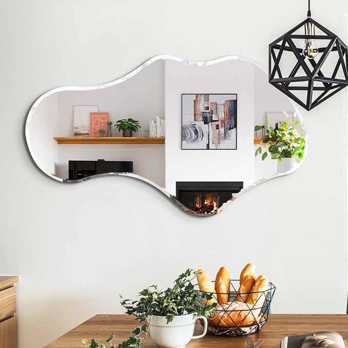 36 x 24 Beveled Edge Frameless Wall Mirror, Modern Asymmetrical Cloud Shape with a Wavy Irregular Design for Bathroom, Entryway, Bedroom, Living Room