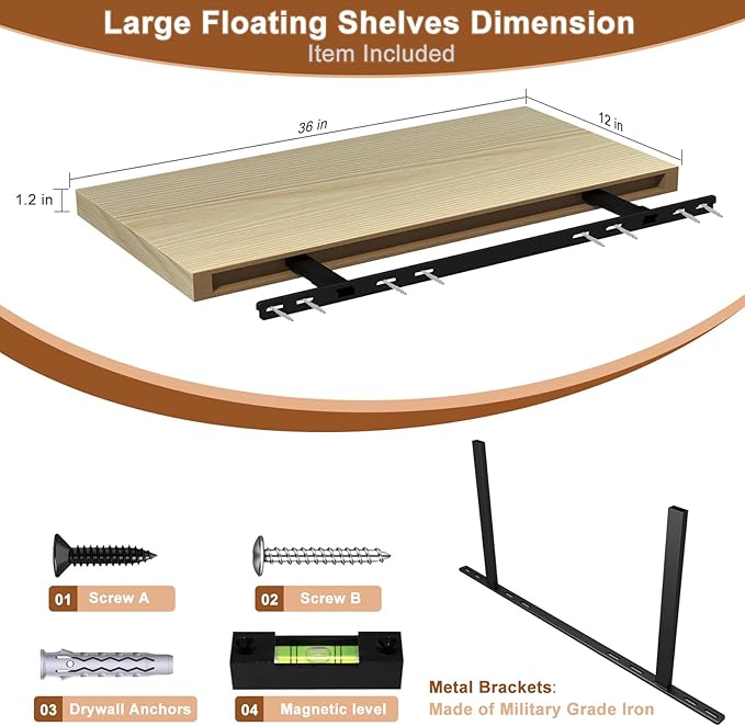 12 Inch Deep Floating Shelves, 36" W x 12" D Wood Floating Shelves for Wall, Large Storage Space Wall Mount Shelf with Invisible Brackets for Living Room Kitchen Bathroom, 1 Pack, Oak