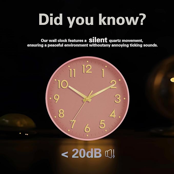 Mosewa Wall Clock 12 Inch, Battery Operated Silent Non-Ticking Modern Analog Clock Decorative for Kitchen, Bedroom, Office, Living Room(Pink Gold)