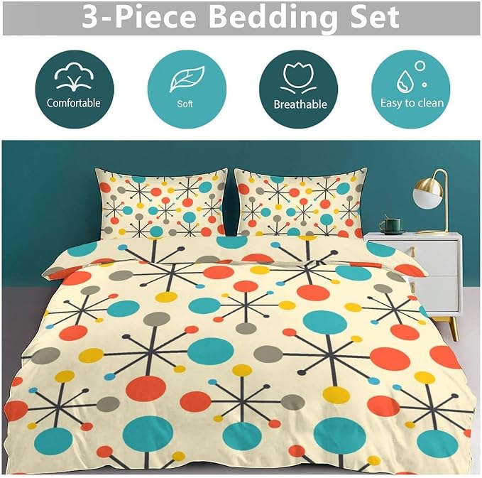Modern Geometric Bedding Set,1950s 1960s Mid Century Vintage Abstract Atomic Stars Geometric Diamond Pattern Comforter Set with Pillowcase for Bedroom Bed Decor,Full 79"x90"