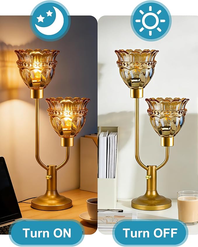 Lightdot Vintage Table Lamp for Living Room Dimmable Mid Century Modern Gold Desk Lamp Amber Glass Nightstand Lamp 2 Bulbs Included Warmwhite Ambient Bedside Lamps for Bedroom Home Office Decor Gift