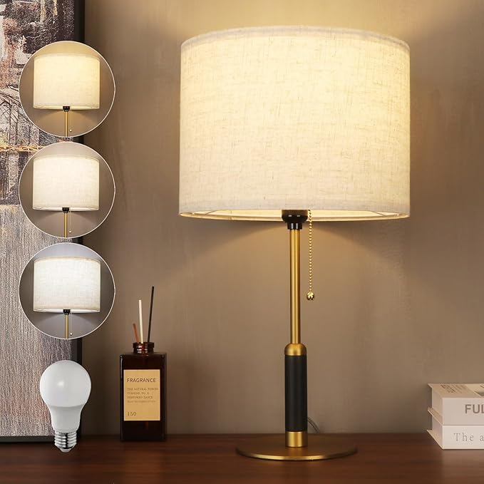 21" Mid Century Modern Table Lamp with Pull Chain Switch, 3-Color Light Bedside Lamps for Bedroom Living Room, Solid Wood/Metal/Fabric Nightstand Lamp for Home Office (Light Brown+Brass)