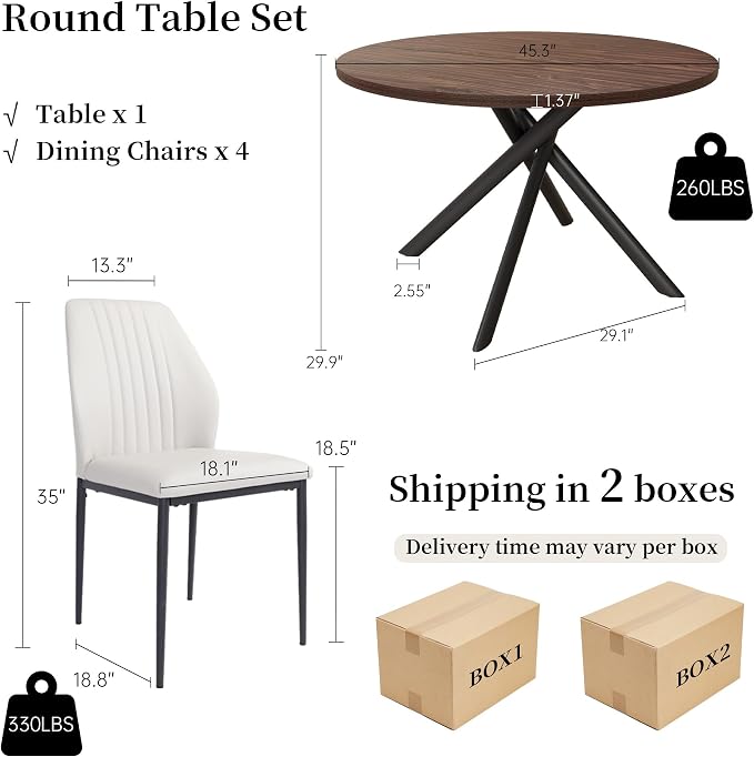 HIPIHOM 45.3'' Walnut Round Dining Table Set for 4, Mid Century Modern Small Coffee Set for Dining Room Kitchen Apartment (Dark Walnut Table + 4 White Chairs)