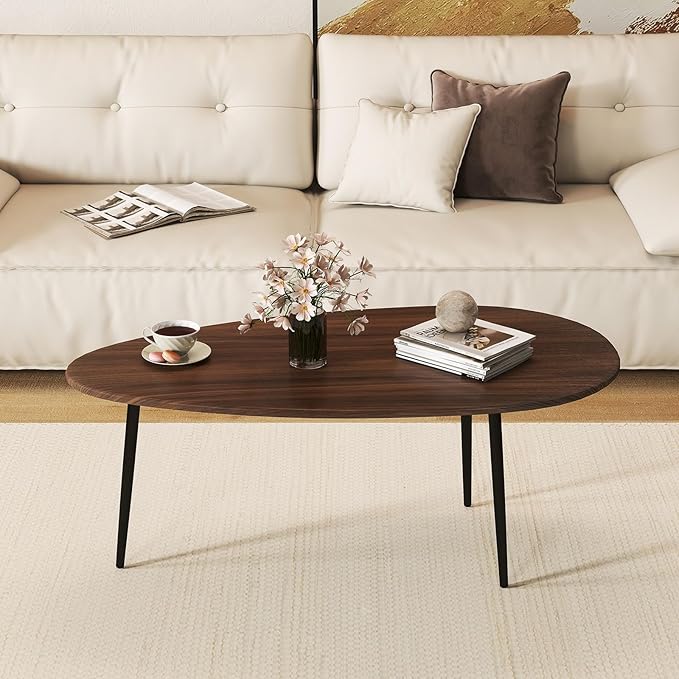 Giantex Oval Coffee Table, Mid Century Modern Center Table with Sturdy Metal Frame and Compact Design, Vintage Accent Cocktail Tea Table, Wood Living Room Tables for Small Spaces (Walnut)