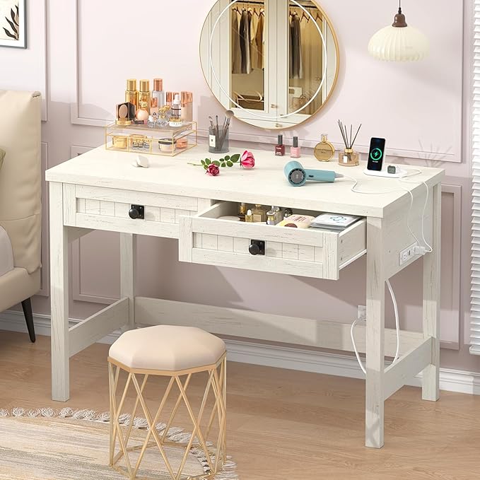YOMILUVE Farmhouse Computer Desk with 2 Drawers, 39 Inch Small Office Computer Desk with Power Outlets, Compact Writing Study Vanity Desk for Small Spaces, White