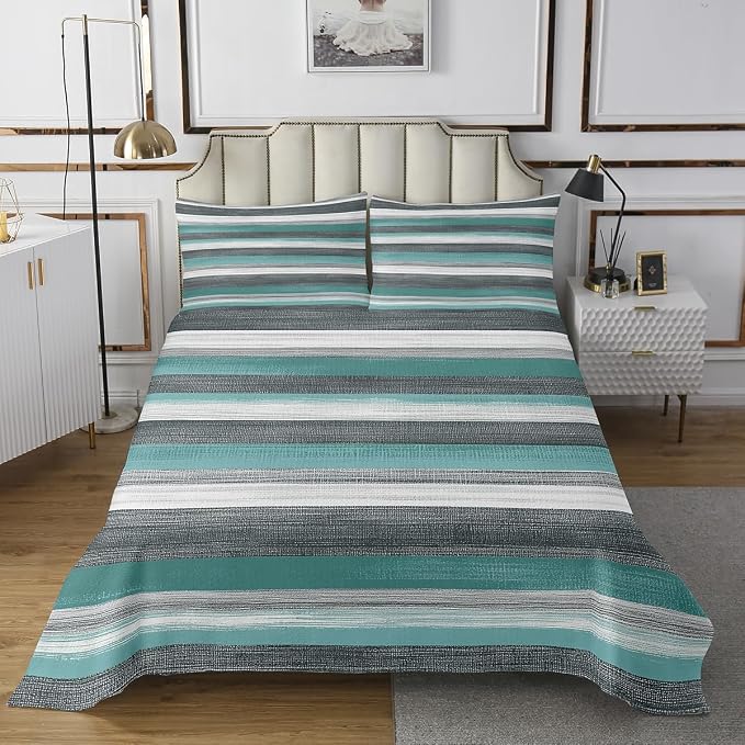 Erosebridal Grey White Teal Queen Quilt Set Abstract Art Coverlet Set, Geometric Stripe Bedding Set Grunge Aesthetic Bedspread Set, Boho Hippie Modern Bed Quilt 3pcs with 2 Pillow Case
