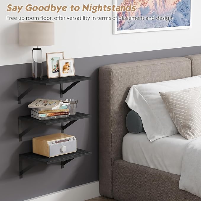 Forbena 12 Inch Deep Floating Shelves for Wall, Wide Black Wall Mounted Shelves for Bedroom Office Books Plants, Large Hanging Shelf for Living Room Bathroom Kitchen Closet Pantry Storage (3-Pack)