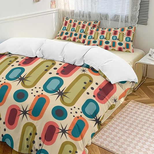 Colorful Aesthetic Comforter Cover Geometry Bed Set, Retro Atomic Duvet Cover，Modern Mid Century Bedding Sets，Aesthetic Abstract Art Bedding 3 Piece (1 Duvet Cover 79"x90" + 2 Pillow Sham 20"x30")