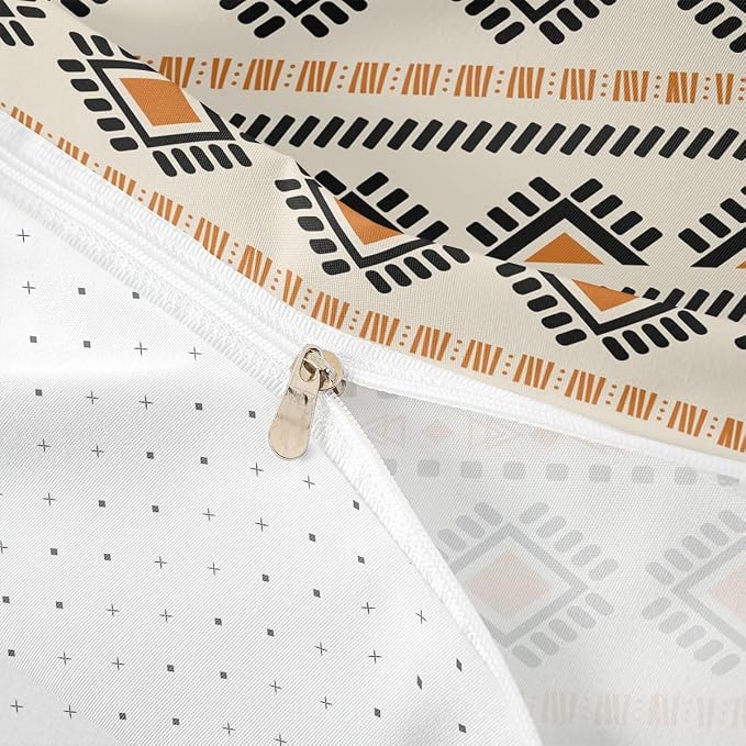 Bohemian Aztec Comforter Cover Boho Hippie Bed Set, Western Tribal Pattern Duvet Cover Queen Size Native Indian American Bedding Sets, Abstract Geometric Bedspread Cover Beige Black Orange 3pcs
