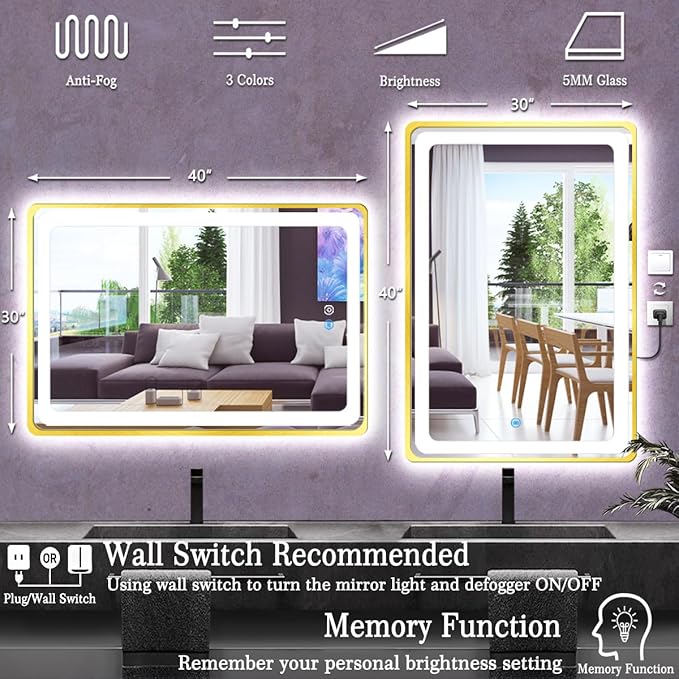 30 x 40 Inch Gold Vanity Mirror with Lights Smart Memory 3 Color Dimmable AntiFog 40 Gold Frame Lighted mirror for Bathroom Salon Horizontal/Vertical Wall Mounted LED Makeup Mirror with Light