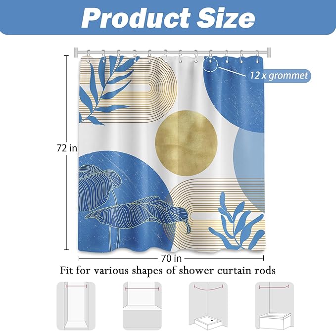 Light Blue and Gold Shower Curtain Boho Blue and White Shower Curtains for Bathroom Decor Mid Century Modern Bath Curtain Set, Waterproof Fabric with Hooks 70 x 72 Inch