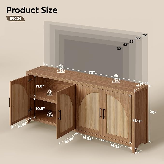 Bestier 70" Sideboard Buffet Cabinet with Storage, Boho Credenza Storage Cabinet, Farmhouse Arch Fluted Doors & Adjustable Shelves, Wood Long Buffet Cabinet for Living Room, Entryway, English Oak