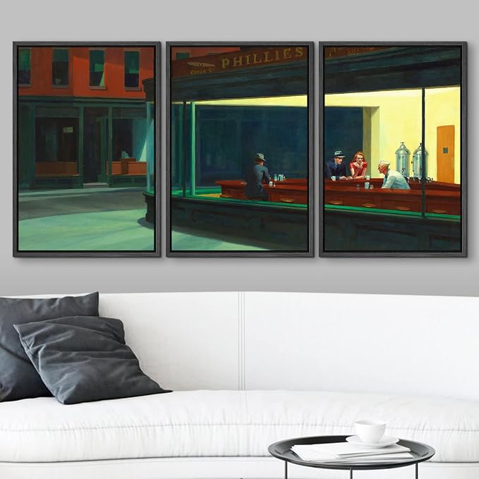 wall26 Framed Canvas Print Wall Art Set Nighthawks by Edward Hopper Cultural Historic Oil Painting Fine Art Reproduction Scenic Colorful for Living Room, Bedroom, Office - 24"x36"x3 Black