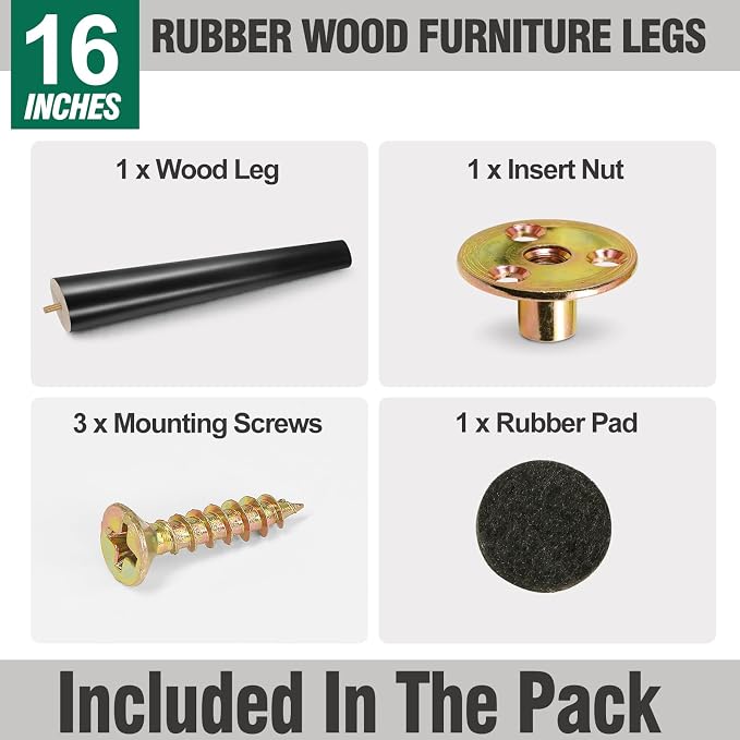 FoDau770 Black Rubber Wood Furniture Legs 16 Inches, 5/16" UNC Slant Tapered Wood Feet Mid Century Sofa Legs, Wooden Furniture Feet Replacement Parts for Cabinet Couch Dresser Chair Ottoman Table