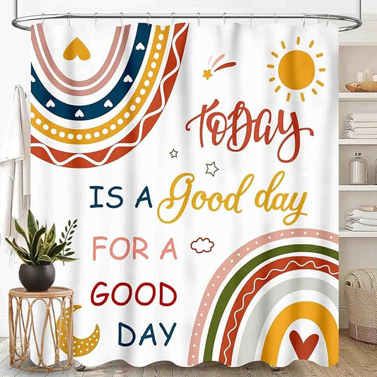 Colorful Shower Curtain, Kids Girls Baby Boho Rainbow Cute Inspirational Motivational Quotes Bohemian Cartoon Pink Pastel Waterproof Fabric Bathroom Shower Curtain Set with Hooks, 72"x78" Inch
