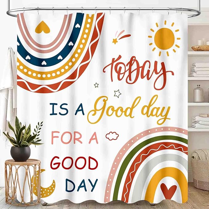 Colorful Shower Curtain, Kids Girls Baby Boho Rainbow Cute Inspirational Motivational Quotes Bohemian Cartoon Pink Pastel Waterproof Fabric Bathroom Shower Curtain Set with Hooks, 72"x84" Inch
