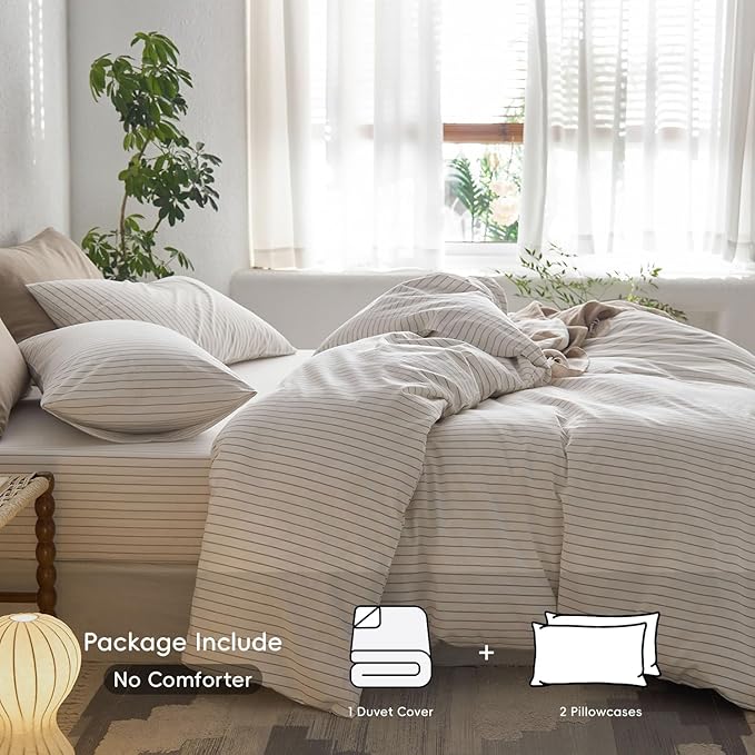 MooMee Striped Duvet Cover Set 100% Washed Cotton Linen Like Textured Breathable Durable Soft Comfy (White Tannish Linen Grey Wide Stripes, Cal King 104"x98")