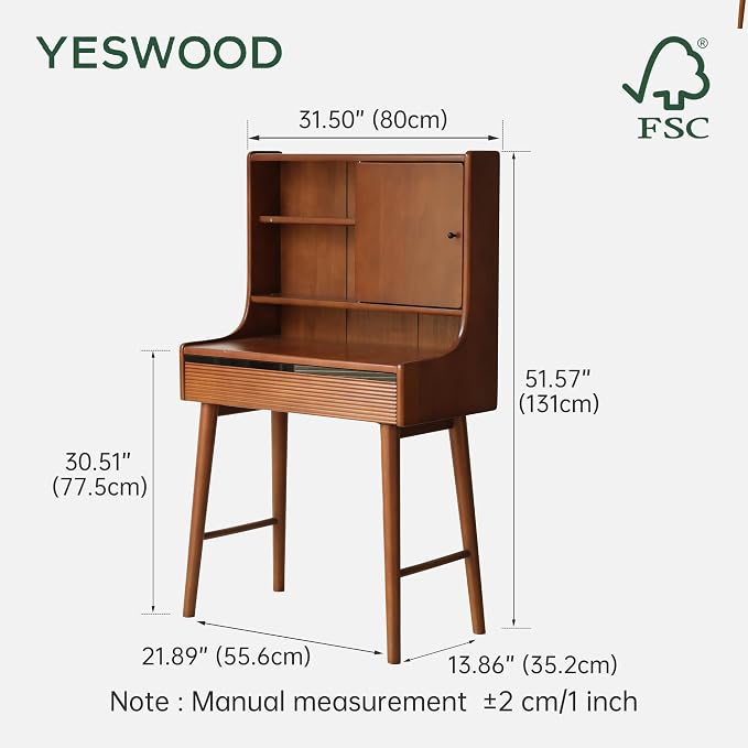 YESWOOD Small Vanity Desk with Mirror, Solid Wood Dressing Table, Movable Drawer Divider, 180° Swivel Make-up Mirror Dressing Desk for Bedroom, Teak Color, 33" D x 16.5" W x 50" H