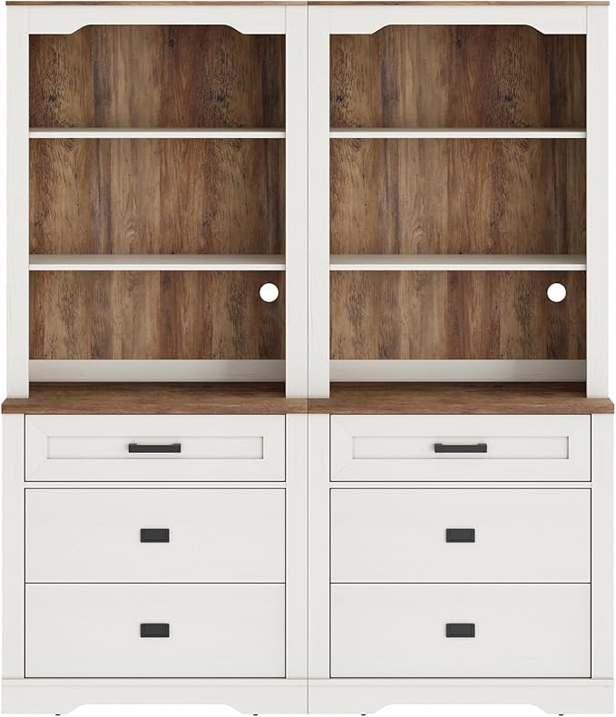 WAMPAT 2 Column 73.3" Tall Bookcase with Chest of Drawers, 63 inch Wide Standing Rustic Bookshelves, Modern Farmhouse Display Storage Cabinet with Adjustable Shelves,Antique White