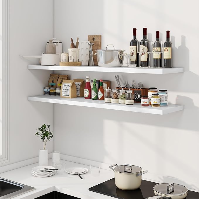 Dreamland 55" Floating Shelves for Wall, 12" Deep Slim White Floating Shelves, Wall-Mounted Shelves for Bedroom, Living Room, Kitchen, Bathroom - Set of 2