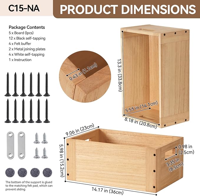 KIRIGEN Stackable Wood Storage Cube Organizer with Handle, Modular Open Cubby Bins for Books, Clothes, Toys, Shoes, Bookcase Shelf for Home Office Bedroom C15-NA